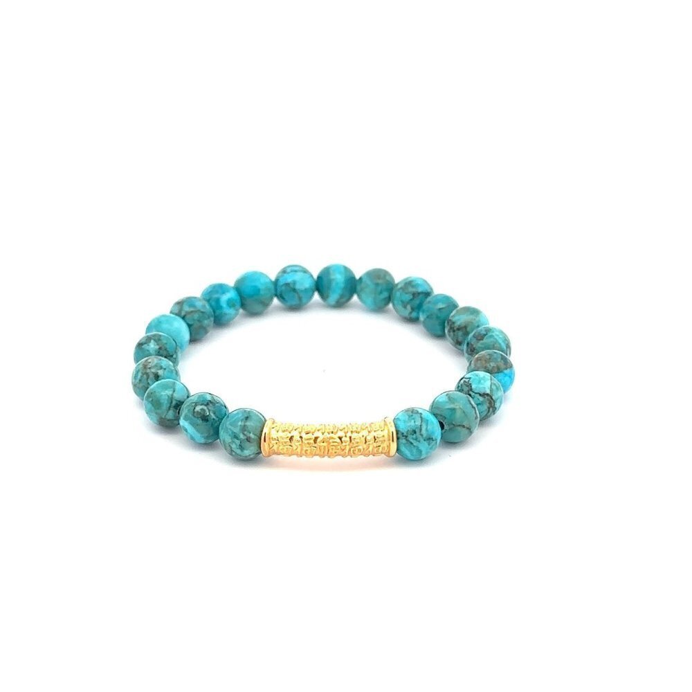 18K Gold Tube Lucky Charm Bracelet Gemstones December Birthstones Turquoise 6mm - Picture 1 of 5